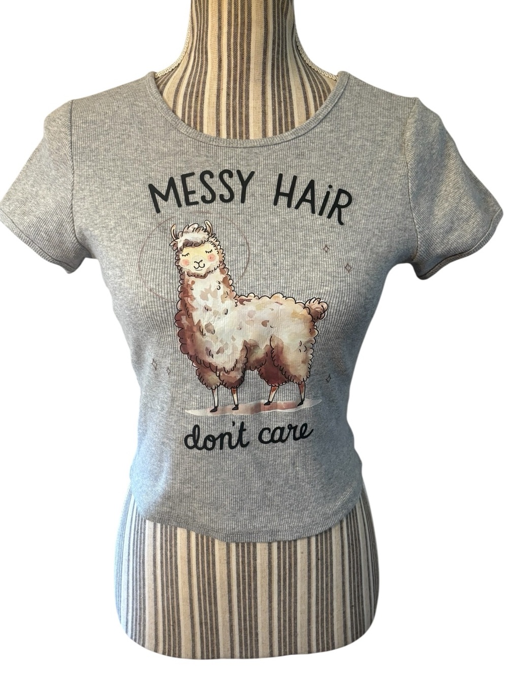Bozzolo Crop Top Large Gray Llama Graphic “Messy Hair Don’t Care” Ribbed Stretch